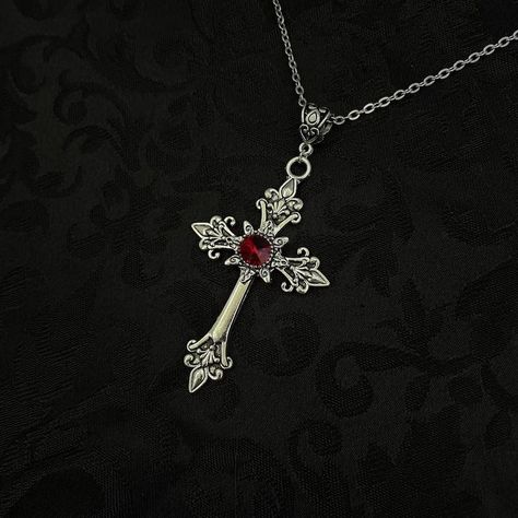 Dark Ruby Red Antiqued Silver Cross Crucifix Gothic Victorian Vampire Goth Necklace Choker Pendant - Etsy Raw Carnelian, Pinterest Shop, Victorian Vampire, Jewelry Minimal, Goth Necklace, Vampire Goth, 2024 Outfits, Anime Jewelry, Carnelian Necklace