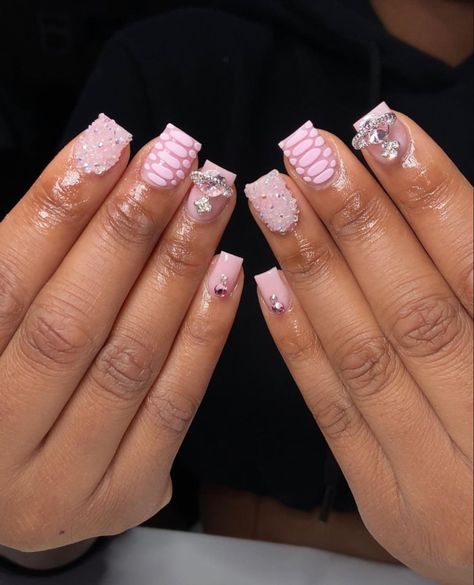 pin: princessmiraaclee Short Acrylic With Charms, Pink French Tip Nails Charms, Acrylic Nails Ideas Gems, Pink Nails Prom, Short Nails With Charms, Acrylic Nails With Gems, Nail Designs With Gems, Short Pink Nails, Cute Pink Nails