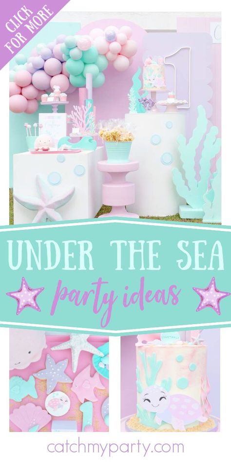 Pastel Ocean Birthday Party, Under The Sea Table Decorations, Under The Sea Dessert Table, Watermelon Halloween, Under Sea Party, Sea Party Theme, Disney Palace Pets, Disney Palace, Under The Sea Party Ideas