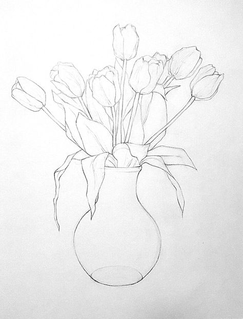 Drawing Ideas Tulips, Vase Drawing With Flowers, Tulips In Vase Drawing, Flower Drawing Tulip, Flower In Vase Drawing, Drawing White On Black, Tulip Watercolor Painting, Tulip Sketch, A Flower Drawing