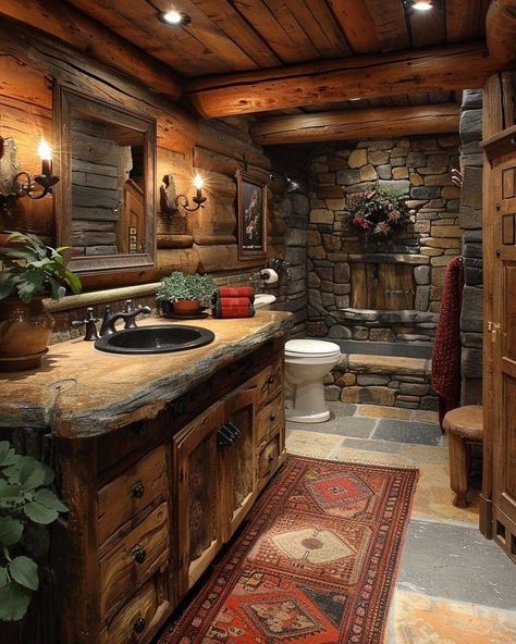 Cabin Bathroom Ideas Rustic, Rustic Log Cabin Interior, Log Cabin Bathroom Ideas, Log Cabin Bathrooms, Rustic Cabin Bathroom, Log Cabin Bathroom, Western Bathrooms, Rustic Bathroom Ideas, Rustic Bathroom Remodel