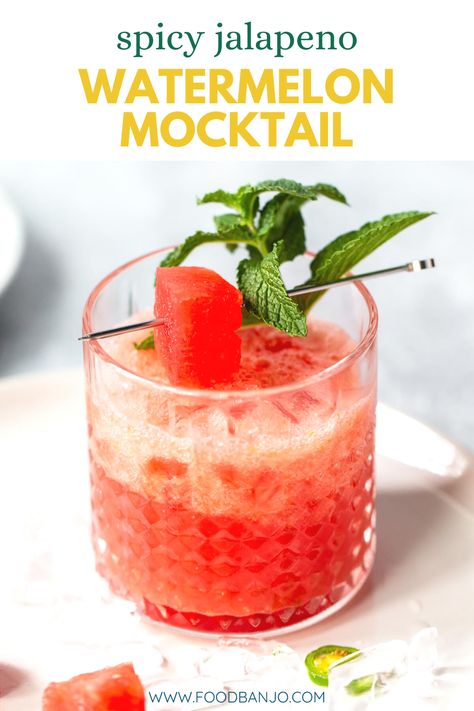 watermelon mocktail in a glass with a garnish of mint and a skewer of a watermelon cube Spicy Watermelon Mocktail, Spicy Non Alcoholic Drinks, Mocktails Non Alcoholic Watermelon, Non Alcoholic Watermelon Drinks, Watermelon Mocktail Non Alcoholic, Mocktails Watermelon, Jalapeno Mocktail, Watermelon Mocktails, Making Mocktails