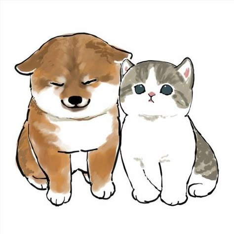 Dogs Drawing Easy, Cats And Dogs Drawing, Drawing Easy Cute, Together Drawing, Dogs Together, Cat And Dog Drawing, Dogs Drawing, Drawing Kawaii, Dog Drawings