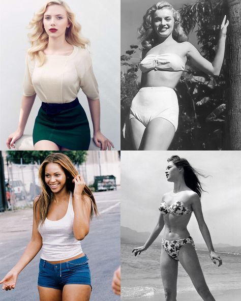 wide-hips-small-waist-scarlett-johansson-marilyn-monroe-beyonce-brigitte-bardot Hip Dip Style, Hip Dip Outfit Ideas, Broad Shoulders Narrow Hips, Wide Hips Outfit, Big Hips Outfit, Get Bigger Hips, Small Waist Big Hips, Bigger Hips, Bigger Hips Workout