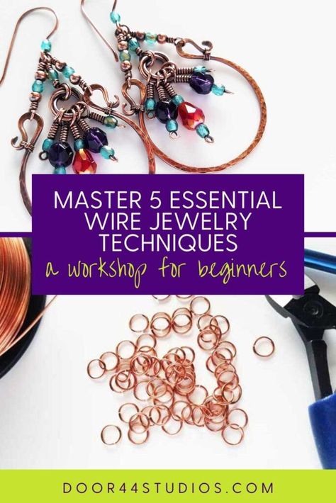 Learn 5 essential wire jewelry techniques with our free workshop for beginners where we'll make these pretty beaded chandelier earrings. Wire Jewelry Patterns Free, Diy Wire Jewelry For Beginners, Copper Jewelry Diy, Jewelry Tutorials Free, Wire Wrapping Tools, Jewelry Magic, Free Jewellery Making Tutorials, Jewellery Wire, Wire Wrap Jewelry Designs