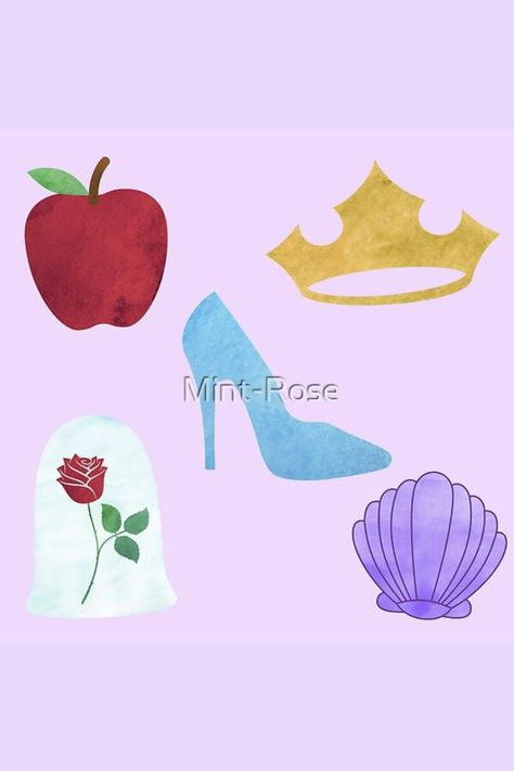 Enjoy this watercolor pattern of symbols of different Disney princesses, including Snow White, Sleeping Beauty, Cinderella, Belle, and Ariel available on my RedBubble shop (Mint-Rose) with over 90 types of products available Snow White Symbols, Disney Princess Symbols, Disney Symbols, Snow White Sleeping, Princess Watercolor, Tattoo Disney, Disney Sleeve, Disney Cuties, Disney Princess Cinderella