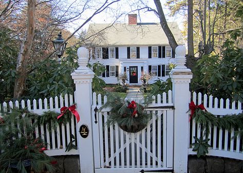 new england   This is the perfect amount of Christmas decor for this beautiful home White House Black Shutters, Fence Backyard, New England Christmas, Black Shutters, Colonial Exterior, Front Gate, White Picket Fence, Golden Gate Park, New England Homes