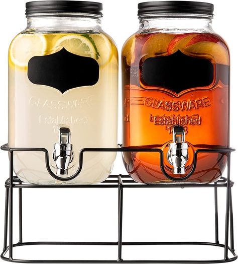 Royalty Art Dual Mason Jar Drink Dispensers with Metal Stand (4-Liters Each) Leakproof, Easy-Pull Spigots and Screw-On Lids Clear, Heavy-Duty Glass Chalkboard Sticker Labels Mason Jar Drink Dispenser, Royalty Art, Mason Jar Drinks, Juice Dispenser, Glass Beverage Dispenser, Chalkboard Stickers, Summertime Drinks, Beverage Dispensers, Ice Cold Drink