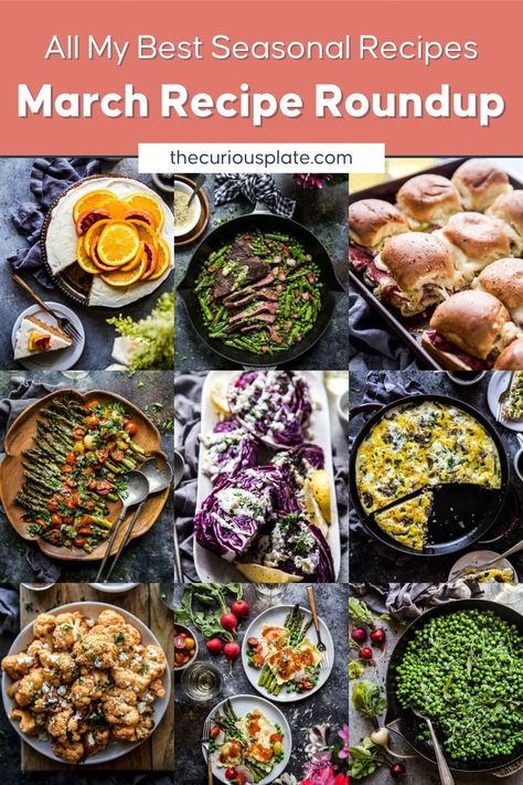 What I’m Excited to Make in March is a collection of healthy, seasonal recipes from filling spring vegetable sides to St.Paddy’s Day approved mains to easy game day snacks for March Madness. This round-up is chock-full of delicious recipes that are perfect to make in March! | dinner ideas | side dishes | dessert recipes | March Brunch Ideas, March Dinner Ideas, Easy Game Day Snacks, March Recipes, Spring Cooking, Spring Recipes Dinner, Healthy Dinner Options, Spring Dinner, Pea Recipes