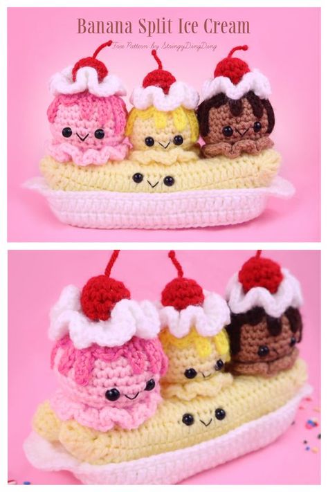 Crochet Ice Cream Amigurumi Free Patterns - DIY Magazine Crochet Banana Split, Amigurumi Candy Free Pattern, Crochet Banana Pattern Free, Crochet Banana, Banana Split Ice Cream, Crochet Candy, Crochet Plushie, Confection Au Crochet, Crochet Animals Free Patterns