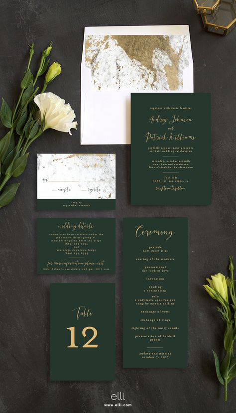 Marble and gold wedding invitation suite with stunning green touches! Wedding Dress Invitations, Woodland Wedding Invitations, Forest Wedding Invitations, Dark Green Wedding, Classy Wedding Invitations, Creative Wedding Invitations, Trendy Wedding Invitations, Green Wedding Invitations, Wedding Winter