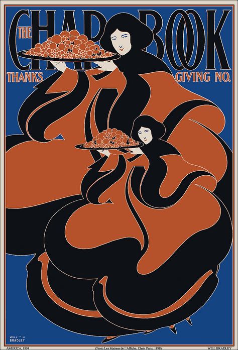 https://flic.kr/p/aJ9d3c | 'Thanksgiving' 1894  by Will H. Bradley | William H. Bradley [American Art Nouveau illustrator and artist,1868–1962]  Art nouveau poster for the literary magazine The Chap-Book (From Les Matress de l’Affiche, Chais Paris, 1898)  _________  Full restoration by plumleaves Art Nouveau Illustration, Graphic Design Images, Art Nouveau Poster, Vintage Advertising Posters, Magazine Cover Design, National Gallery Of Art, Japanese Prints, Fine Arts Posters, Art Movement