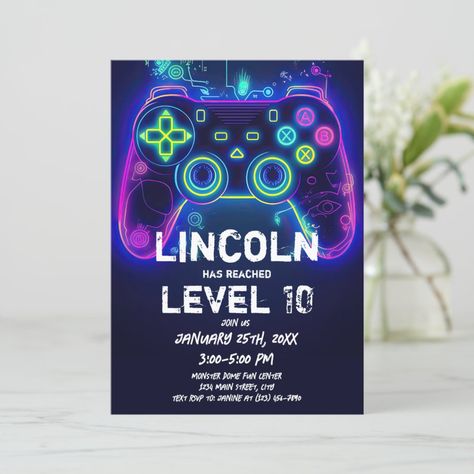 Neon Gamer Arcade Video Game Level Up Birthday Invitation  Zazzle Arcade Video Games, Level Up, Video Game, Playstation, Birthday Invitations, Video Games, Neon, Stars, Birthday