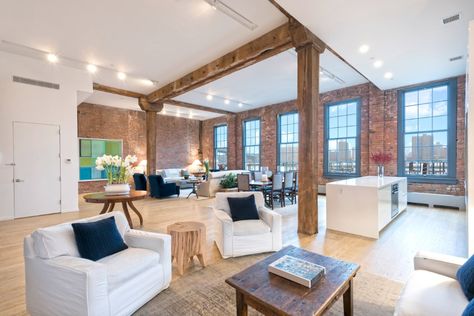 Dumbo Brooklyn Condo for Sale -- 185 Plymouth Street Apartment Brooklyn, Brooklyn Apartments, Bicycle Room, Pier House, Dumbo Brooklyn, Manhattan Apartment, Timber Beams, Smart Home Technology, Cool House Designs