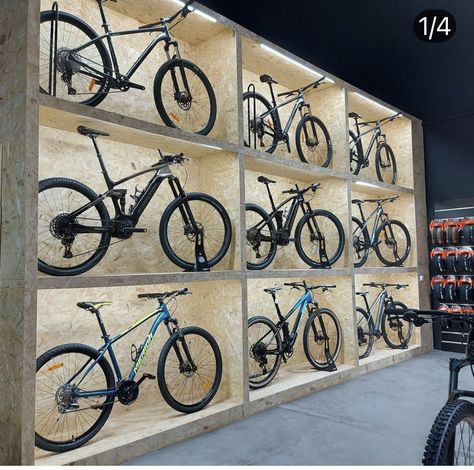 Bicycle Shop Interior, Bike Shop Interior Design, Bike Shop Ideas, Cycle Store Design, Bike Room Design, Bike Parking Design, Bike Office, Bicycle Storage Rack, Bike Display