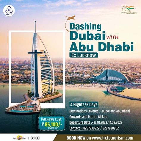 Dubai knows no Impossible. The extravagance, glamour, and flamboyance of this city charm everyone. Dig up #irctc best Dubai package with a bonus of Abu Dhabi. Book on http://bit.ly/3jkaVqB #AmritMahotsav . . . #Travel #Traveling #TravelLife #TravelDiaries #LovetoTravel #Travelmore #Explore #Explorer #travelpackage #Adventure #Trip #Travelgram #Traveller #Vacation #irctctourism #holiday #tour #traveltheworld #traveler Dubai Creative Ads, Dubai Images, Travel Brochure Design, Dubai Resorts, Abu Dhabi Travel, Tourism Design, Travel Presents, Elegant Room, Travel Creative