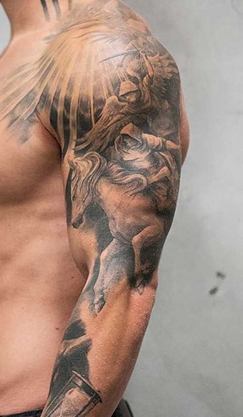 Carlos Torres Tattoo, Voll Arm-tattoos, Quarter Sleeve Tattoos, Mens Shoulder Tattoo, Cool Arm Tattoos, Bicep Tattoo, Greek Tattoos, Cool Tattoos For Guys, Full Sleeve Tattoos