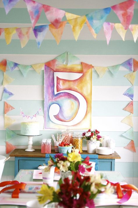 watercolor banner – talk of the town via @thehandmadehome Lila Party, Watercolor Party, Art Birthday Party, Watercolor Birthday, Fall Garland, Watercolor Projects, Diy Birthday Decorations, Diy Birthday Party, Diy Watercolor