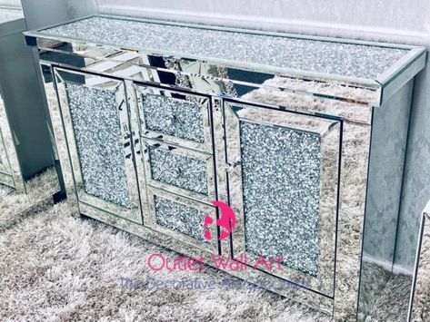 Diamond crush crystal 2 door 3 draw sideboard 130cm wide Wine Rack Sideboard, Mirrored Sideboard, Shabby Chic Antiques, Sideboard Grey, Crushed Diamonds, Mirrored Console Table, Diamond Mirror, Large Sideboard, Side Board