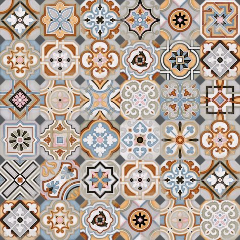 Floor tiles range Vodevil in 20X20cm size, is a porcelain tile with encaustic cement tiles like finish. Bohemian Tiles, Tile Artwork, Patchwork Tiles, Patterned Tiles, Tile Design Pattern, Art Chinois, Interior Tiles, Encaustic Cement Tile, Tiles Texture