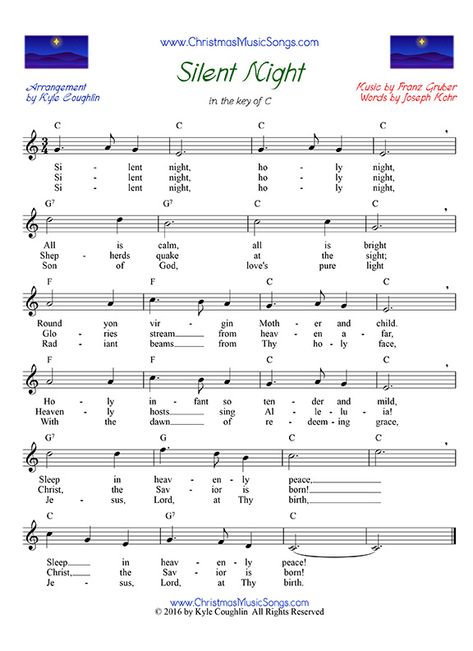 Silent Night free sheet music Silent Night Piano Sheet Music, Silent Night Sheet Music, Sheet Music With Letters, Piano Songs Sheet Music, Easy Sheet Music, Piano Music Easy, Clarinet Sheet Music, Piano Music Lessons, Christian Song Lyrics