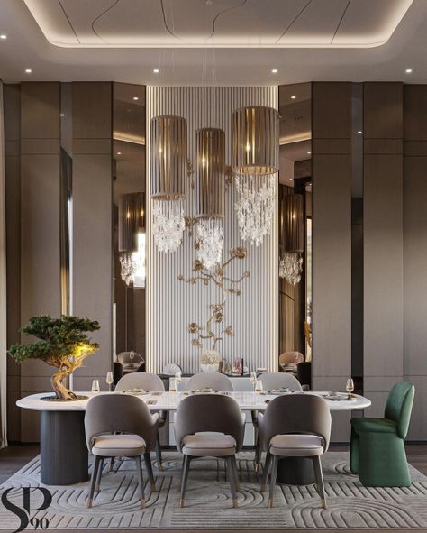 Dining Feature Wall Design, Double Height Dining Room Modern, Luxury Dinning Room Decor, Dinning Wall Designs Luxury, Modern Dining Room Ideas Interior Design, Dinning Wall Decoration, Elegant Dining Room Luxury Classy, Dining Area Wall Design, Dining Wall Design