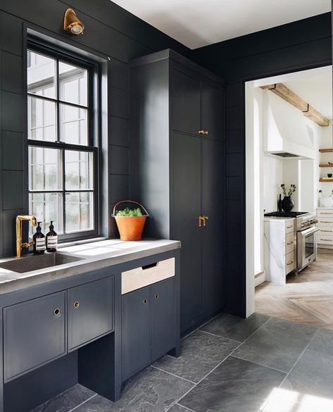 Navy Mudroom, Open Family Room, Laundry Cabinets, Grey Tiles, Dark Kitchen Cabinets, Dark Cabinets, Kitchen Diner, Industrial House, Custom Home Builders