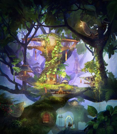 Tree Village - Artwork / Finished Projects - Blender Artists Community Encanto Village, Tree House Village, Village Drawing, Tree Village, Forest Village, Village Art, House Village, Fantasy Tree, Fairy Village