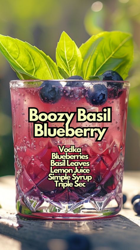 Boozy Basil Blueberry Cocktail Blueberry Mixed Drinks, Blueberry Recipes Drinks, Blueberry Simple Syrup Recipe, Blueberry Basil Cocktail, Blueberry Simple Syrup Cocktails, Blueberry Vodka Cocktails, Blueberry Drinks Alcohol, Blueberry Vodka Drinks, Simple Summer Cocktails