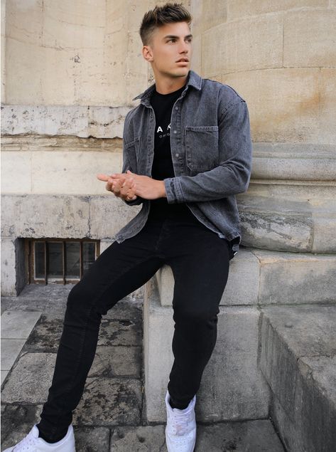 Denim Jacket Combination Men, Blakely Clothing Men, Dark Grey Jacket Outfit Men, Grey Denim Jacket Outfit Men, Shacket Outfit Men, Grey Denim Jacket Outfit, Grey Jacket Outfit Men, Denim Jacket Outfit Mens, Grey Jacket Outfit