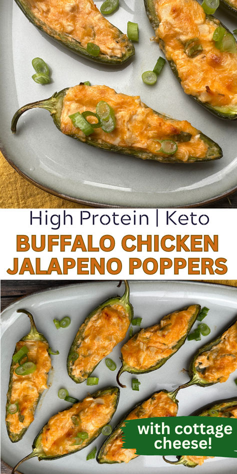 Images of several buffalo chicken jalapeno poppers topped with chopped green onions. Chicken Jalapeno Poppers, High Protein Buffalo Chicken, Chicken Jalapeno, Cheese Dip Mexican, Canned Jalapenos, School Snacks For Kids, Vegetable Dip, Popular Appetizers, Jalapeno Chicken