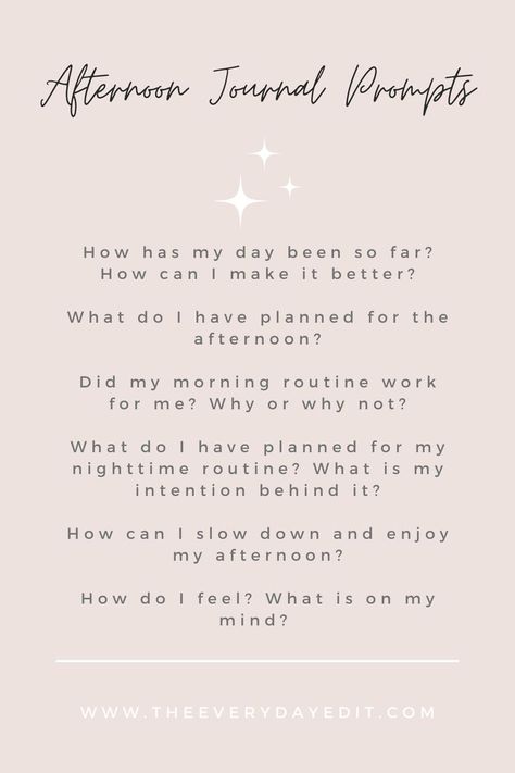 Want to start a journaling practice during your afternoon routine? Well start using these journal prompts for your self-development. #journal #journaling #journalprompts #afternoonroutine #selfdevelopment First Time Journal Prompts, Daily Check In Journal Prompts, Start Of Week Journal Prompts, Midday Journal Prompts, A5 Journal Ideas, Journal Prompts For Night Time, Saturday Journal Prompts, Afternoon Journal Prompts, Afternoon Routine Ideas