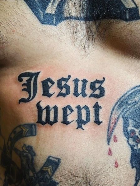 Jesus Wept Tattoo, Danny Tattoo, Pittsburgh Tattoo, Jesus Tattoos, Stone Tattoo, Jesus Wept, Pain Scale, Torso Tattoos, Jesus Tattoo