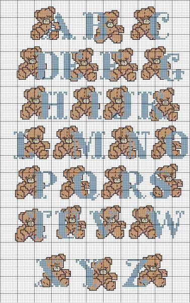 Teddy Cross Stitch Alphabet Patterns, Cross Stitch Fonts, Cross Stitch Boards, Baby Cross Stitch Patterns, Cross Stitch Letters, Embroidery Alphabet, Cross Stitch Needles, Baby Cross, Cross Stitch Baby