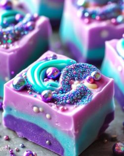 Every once in a while, a dessert comes along that feels almost too pretty to eat. This Easy Mermaid Candy Fudge is one of those magical treats. With its swirls Mermaid Fudge Recipe, Mermaid Party Dessert Ideas, Fantasy Themed Snacks, Summer Fudge Recipes, Mermaid Brownies, Mermaid Fudge, Fudge Business, Mermaid Party Treats, Mermaid Recipes