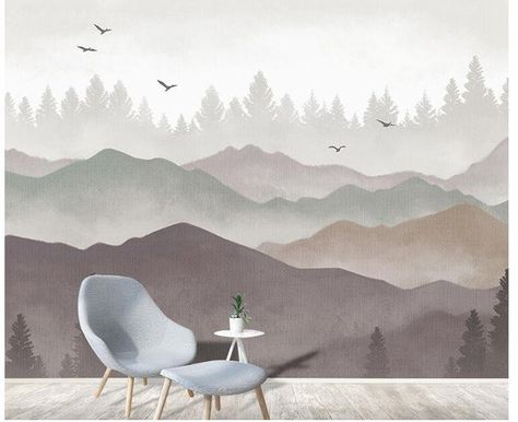 Bedroom Loft Ideas, Mountains Mural, Birds Landscape, Ombre Mountains, Mountain Mural, Tree Wall Murals, Flat Decor, Boat Wall, Trees Forest