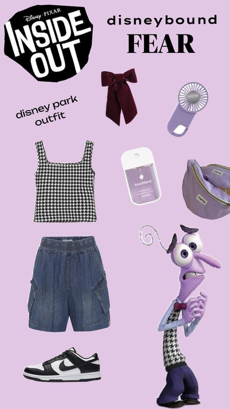 realistic disney park outfit, inside out fear disneybound #disneybound #insideout Disneybound Trio, Fear Inside Out Outfit, Fear Disneybound, Inside Out Disneybound, Inside Out Inspired Outfits, Inside Out Outfit Ideas, Trio Outfits, Inside Out Fear, Fear Inside Out Costume