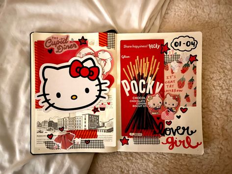 Sanrio Scrapbook Ideas, Hello Kitty Journal Ideas, Sanrio Sketchbook, Scrapbooking Ideas Aesthetic, Scrapbook Ideas Drawing, Hello Kitty Scrapbook, Sanrio Journal, Hello Kitty Journal, School Project Ideas