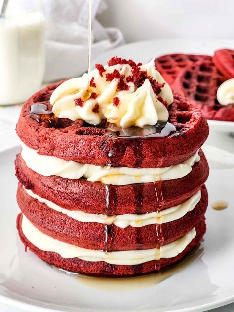 This Red Velvet Cake Mix Waffles with Cream Cheese Frosting is so good and easy to make for any occasion. Easy ingredients for a great treat! Red Velvet Waffles Recipe, Cake Mix Waffles, Waffles With Cream Cheese, Waffle Mix Recipes, Velvet Desserts, Best Waffle Recipe, Red Velvet Waffles, Red Velvet Desserts, Red Velvet Pancakes