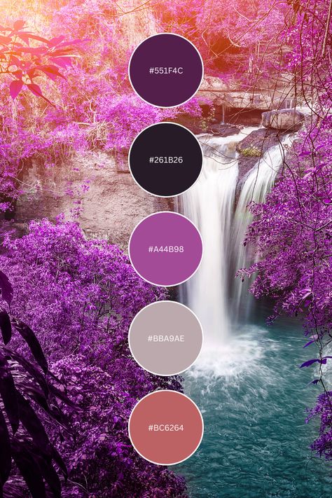 Use this beautiful color palette/color combo for inspiration on your next project! 🖤 #color #colorpallete #colorpaletteinspiration #bright #colorcombos Enchanted Waterfall, Emo Wedding, Wedding Color Schemes Purple, Purple Colour Shades, Violet Room, Violet Colour, Brand Colour Schemes, Colours That Go Together, Purple Palette