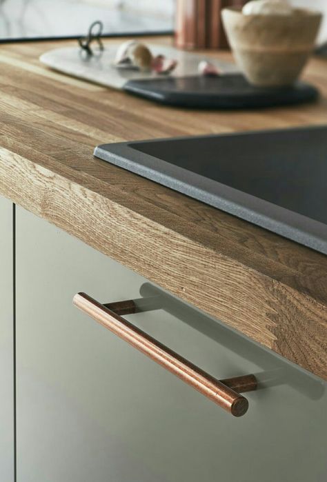 Sage Grey Kitchen, Copper Door Handles, Sage And Copper Kitchen, Sage And Grey Kitchen, Grey Kitchen With Wooden Worktop, Grey And Copper Kitchen, Copper Handles Kitchen, Inspirational Kitchens, Wood Counters