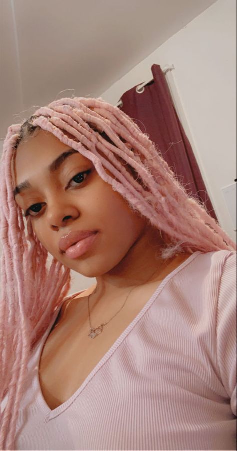 Love the color pink so I got pink locs. #hairstyles #locstyles #pinkhairdontcare #blackhairstyles Pink Dreadlocks Black Women, Lavender Locs Black Women, Pastel Locs, Pink Dreads Black Women, Pink Locs Black Women, Fluttershy Redesign, Skyler Aesthetic, Cupid Oc, Cloud Leopard