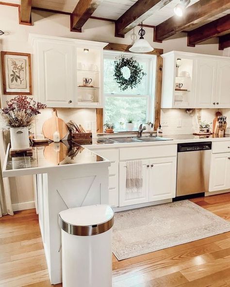 Home designs, decor & more. | Love this kitchen | Facebook Kitchen Cabinets With Beams On Ceiling, Farmhouse Kitchen Wood Ceiling, Ceiling Beams Lights, Shiplap Kitchen Ceiling With Beams, Wood Beam Kitchen Ceiling, Rustic Kitchen With Beams, Wood Ceilings In Kitchen, Wood Trim White Cabinets, Low Ceiling Beam Ideas