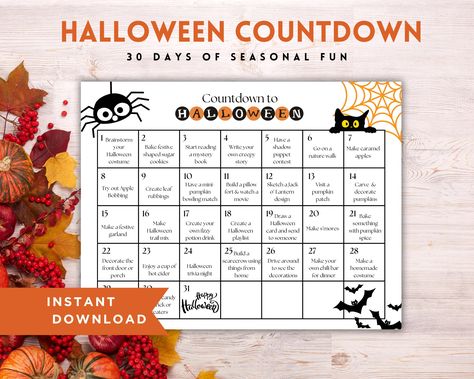 Have some fun as you countdown to Halloween with this seasonal advent calendar that includes 30 days of seasonal suggestions to enjoy! This Halloween countdown is an excellent way to make memories with family, friends, or on your own. Simply print and go! WHAT'S INCLUDED ---------------- -Printable Halloween Countdown PDF (US Letter Size, 8.5x11") DIGITAL DOWNLOAD ---------------------------- This listing is for an instant digital download. No product will be sent to you. Most customers choose to print their products out on computer paper or card stock. HOW TO GET YOUR FILE ---------------- - Add the item to your cart, choose your payment method, and complete the purchase - Once you have completed your purchase you will be taken to a downloads page on etsy.com (Your files will also be avai Halloween Countdown Ideas, Halloween Movie Countdown, Countdown To Halloween, Countdown To Halloween Sign, Countdown To Halloween Calendar, Halloween Calendar, Halloween Bucket List, Halloween Advent Calendar, Halloween Countdown Calendar