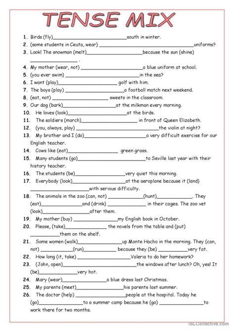 Mix Grammar Worksheet, Mix Tenses Worksheet, Mixed Tenses Worksheets With Answers, Tenses English Grammar Worksheets, English Tenses Exercises, Verb Tenses Exercises, English Tenses Chart, Lesson English, 12 Tenses