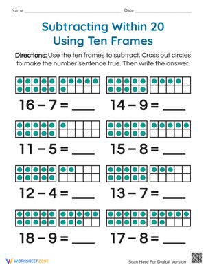 Subtract numbers using ten frames with this visually appealing math worksheet! This practice worksheet guides children as they use ten frames to subtract single-digit numbers from two-digit numbers and help young students build their number sense skills, recognize patterns, and hone subtraction strategies, such as decomposing small numbers. #Grade-1 #Grade-2 Classifying Plants, Subtraction Strategies, Teen Numbers, Ten Frames, Math Worksheet, Number Sense, Grade 2, Grade 1, Sense