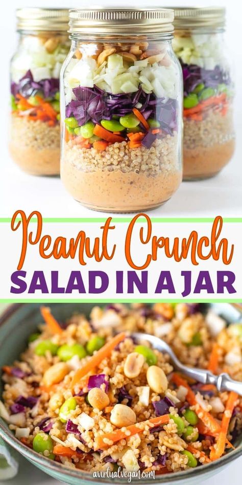 Make healthy, protein packed, super tasty Peanut Crunch Salad in a Jar complete with its own dressing, and you'll have grab-and-go lunches all ready in the fridge for the entire week! Peanut Crunch Salad, Mason Jar Meal Prep, Peanut Crunch, Mason Jar Lunch, Salad Jar Recipe, Crunch Salad, Mason Jar Salad Recipes, Tasty Lunch, Mason Jar Salad