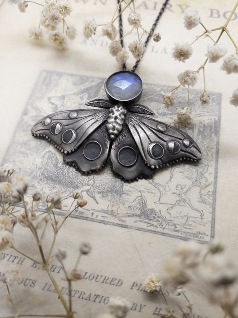 Moth necklace. Rainbow moonstone moth necklace. Handcrafted moth necklace. Animal totem. Moonlight Song, Moth Necklace, Enchanted Jewelry, Animal Totem, Metalsmithing Jewelry, Owl Pendant, Garden Jewelry, Butterfly Jewelry, Funky Jewelry