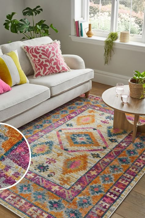 Cosy Pastel Living Room, Bright Colour Lounge Ideas, Next Rug, Bright Color Room Ideas, Colourful Lounge Ideas, Colourful Lounge Room, Colourful Rug Living Room, Living Room Designs Bright, Maximalist Small Apartment