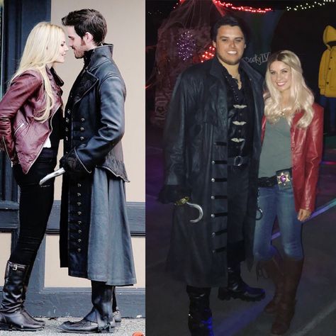 Once Upon a Time costume. Captain Hook & Emma Swan Once Upon A Time Halloween Costumes, Movie Costumes Men, Captain Hook Halloween Costume, Emma Movie, Captain Hook Costume, Time Costume, Creative Costume, Couple Costumes, Hook And Emma